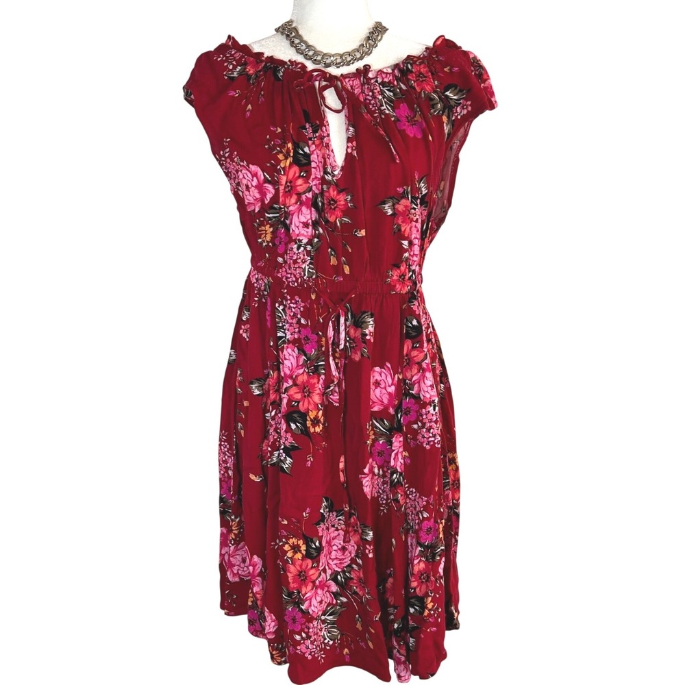 Torrid Burgundy Floral Rayon Keyhole Mini Dress Red Plus Sz 0 Large KY Derby